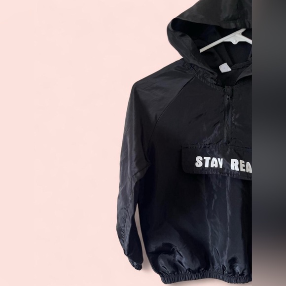 Boy Size 7 Black & White Stay Real SHEIN Windbreaker Pullover Hoodie - Picture 6 of 8